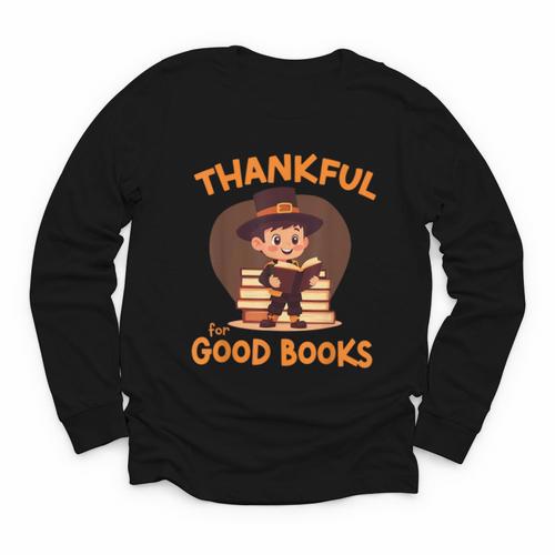 Cute Thanksgiving Teacher Librarian Thankful Reading Books Youth Long Sleeve Tee - Bookorys UK