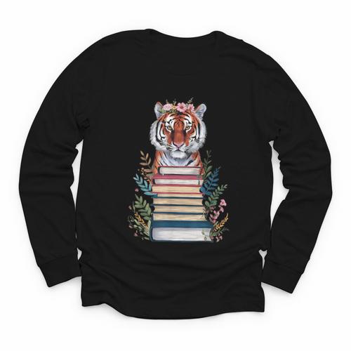 Cute Tiger With Book Floral Bookworm Librarian Book Lover Youth Long Sleeve Tee - Bookorys