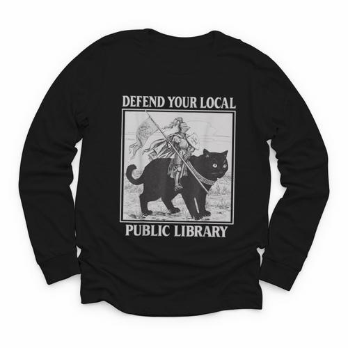 Defend Your Local Library Knight Cat Rider Book Lover Youth Long Sleeve Tee - Bookorys