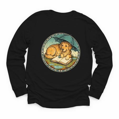 Dog Reading Book Rain Cozy Umbrella Cute Art Men Youth Long Sleeve Tee - Bookorys CA
