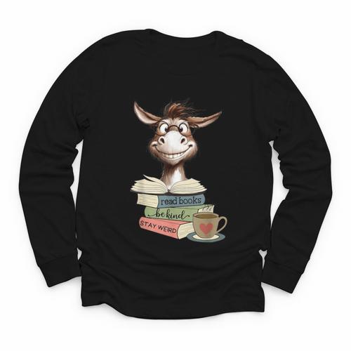 Donkey Reading Book Read Books Be Kind Stay Weird Librarian Youth Long Sleeve Tee - Bookorys CA