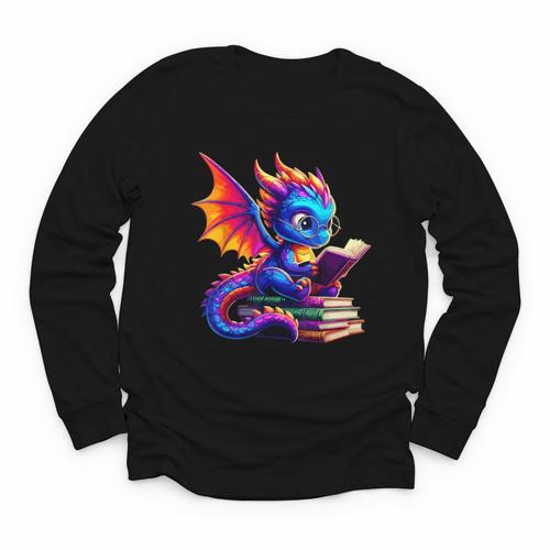 Dragon Reading a Book Bookworm Book Lover Youth Long Sleeve Tee - Bookorys