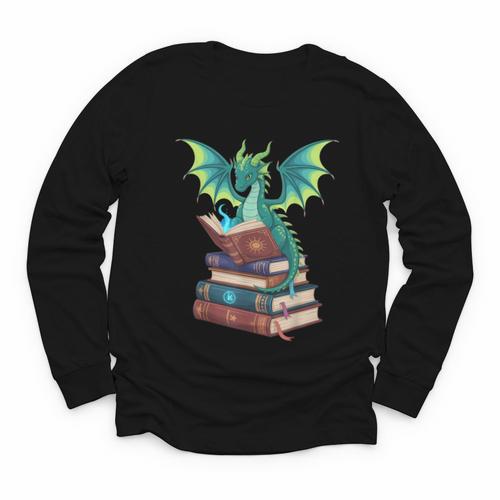Dragon Reading Books Fantasy Lovers Mythical Creatures Youth Long Sleeve Tee - Bookorys AU