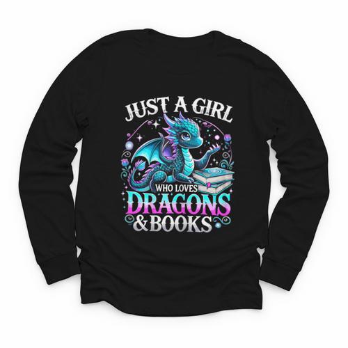 Dragon Reading Just A Girl Who Loves Dragons And Books Youth Long Sleeve Tee - Bookorys DE