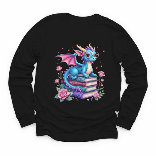 Dragons And Books Dragon Reading Book Lover Girl Bookworm Youth Long Sleeve Tee - Bookorys