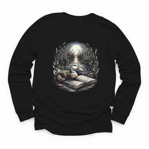 Duck Reading Book Full Moon Lake Scenery Youth Long Sleeve Tee - Bookorys CA
