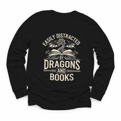 Easily Distracted By Books & Dragons Bookworm Reading Youth Long Sleeve Tee - Bookorys AU