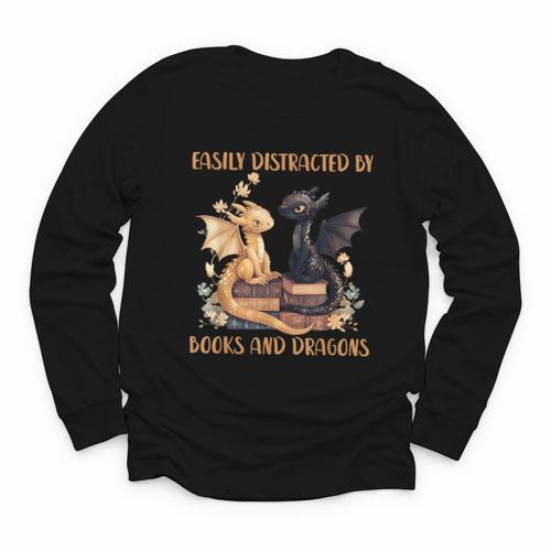 Easily Distracted By Books & Dragons Librarian Book Lover Youth Long Sleeve Tee - Bookorys CA