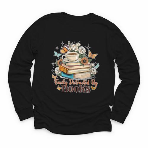 Easily Distracted By Books Book Wildflowers Book Lovers Youth Long Sleeve Tee - Bookorys