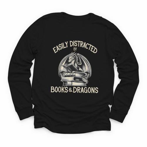 Easily Distracted By Books And Dragons Book Dragon Lover Youth Long Sleeve Tee - Bookorys CA