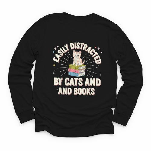 Easily Distracted By Cats & Books Tee Reader Book Worm Youth Long Sleeve Tee - Bookorys AU