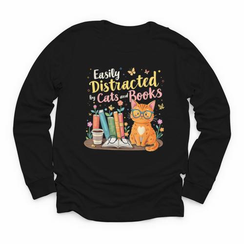 Easily Distracted By Cats And Books Book & Cat Lover Youth Long Sleeve Tee - Bookorys DE