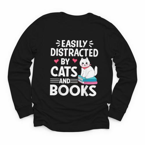 Easily Distracted By Cats And Books Cute Cat And Book Lovers Youth Long Sleeve Tee - Bookorys DE
