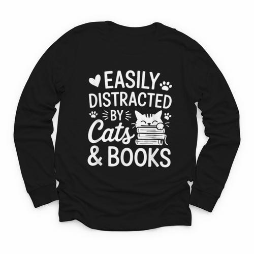 Easily Distracted By Cats And Books Reading Apparel Youth Long Sleeve Tee - Bookorys AU