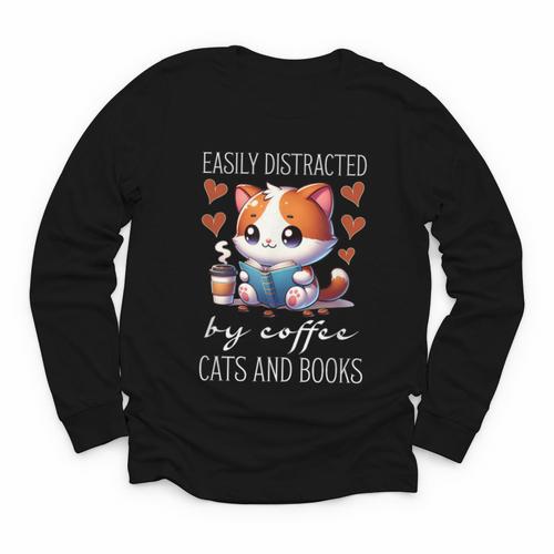 Easily Distracted By Coffee Cats And Books Youth Long Sleeve Tee - Bookorys AU