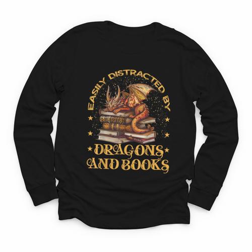 Easily Distracted By Dragons And Books Fantasy Book Lover Youth Long Sleeve Tee - Bookorys