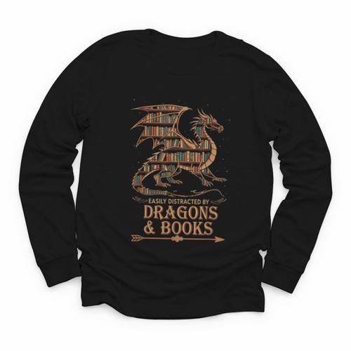 Easily Distracted By Dragons And Books Library Dragon Lover Youth Long Sleeve Tee - Bookorys