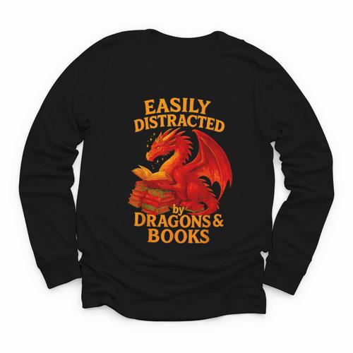 Easily Distracted By Dragons And Books Reading Youth Long Sleeve Tee - Bookorys