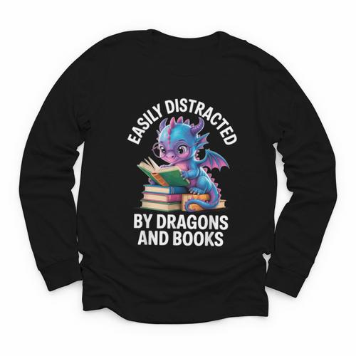 Easily Distracted By Dragons And Books Youth Long Sleeve Tee - Bookorys