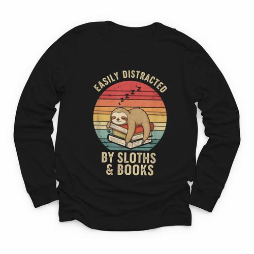 Easily Distracted By Sloths And Books Youth Long Sleeve Tee - Bookorys CA