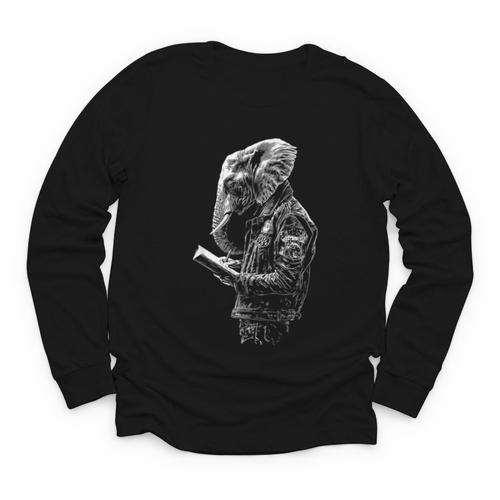 Elephant Holds Book Wriing Motif Animal Artwork Elephant Youth Long Sleeve Tee - Bookorys