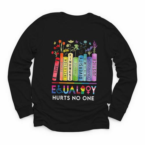 Equality Hurts No One Book Flower Rainbow Pride Month LGBTQ Youth Long Sleeve Tee - Bookorys