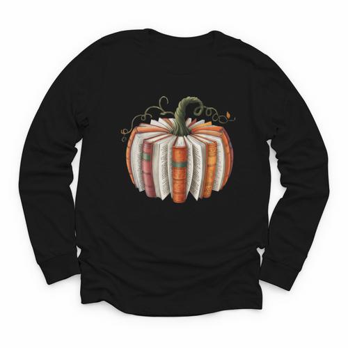 Fall Book Pumpkin Halloween Teacher Librarian Thanksgiving Youth Long Sleeve Tee - Bookorys UK