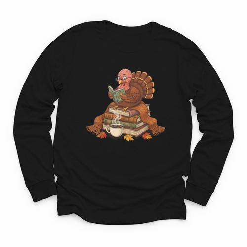 Fall Book Vintage Turkey Thanksgiving Reading Book Lovers Youth Long Sleeve Tee - Bookorys UK