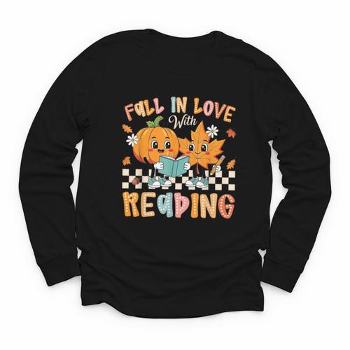 Fall In Love With Reading Thanksgiving Pumpkin Book Lover Youth Long Sleeve Tee - Bookorys