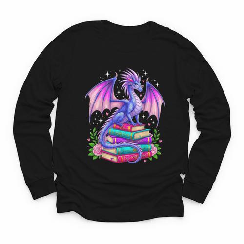 Fantasy Dragon Reading Books Bookworm Youth Long Sleeve Tee - Bookorys
