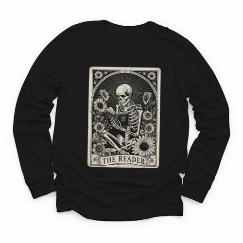 Floral The Reader Tarot Card Skeleton Reading Book Youth Long Sleeve Tee - Bookorys CA