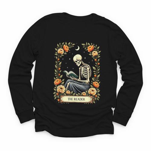 Floral Tarot Card The Reader Skeleton Reading Book Youth Long Sleeve Tee - Bookorys