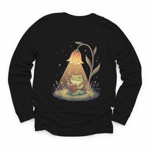 Frog Reading Book Shirt Cottagecore Frog Books Women Girls Youth Long Sleeve Tee - Bookorys