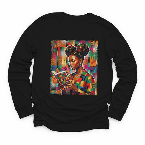Geometric History Educated Women Reading Book Melanin Youth Long Sleeve Tee - Bookorys CA