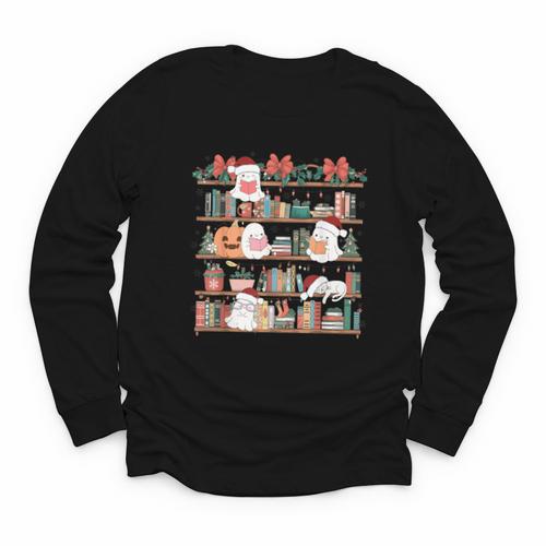 Ghost Christmas Reading Book Lover Library Christmas Teacher Youth Long Sleeve Tee - Bookorys CA