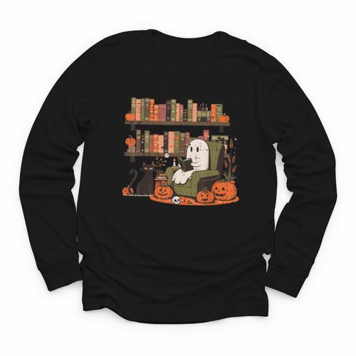 Ghost Library Reading Books Halloween Men Women Kids Youth Long Sleeve Tee - Bookorys AU