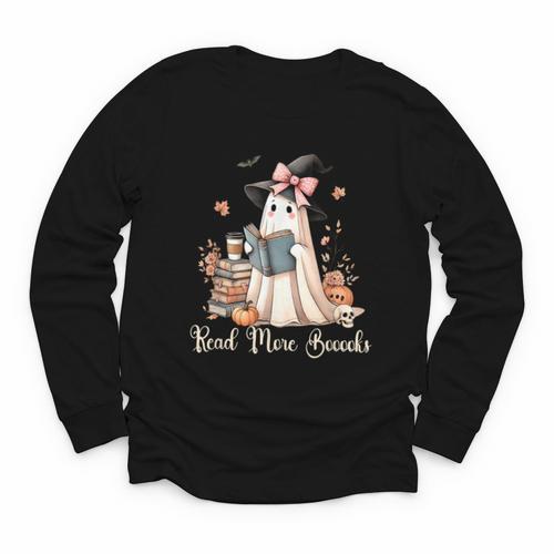 Ghost Reading Book Coquette Bow Halloween Girl Kid Teacher Youth Long Sleeve Tee - Bookorys CA