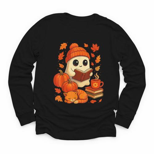 Ghost Reading Book Lovers Autumn Fall Halloween Youth Long Sleeve Tee - Bookorys CA