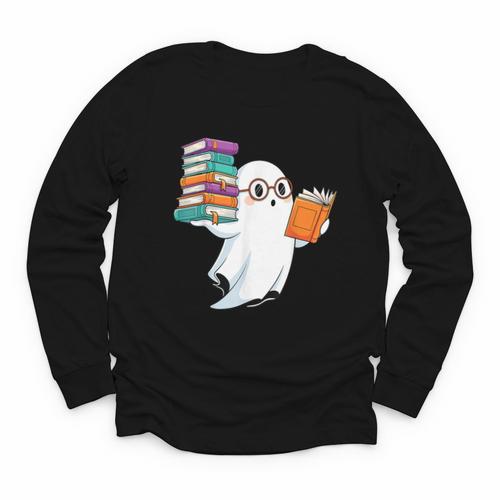 Ghost Reading Books Halloween Library Youth Long Sleeve Tee - Bookorys AU