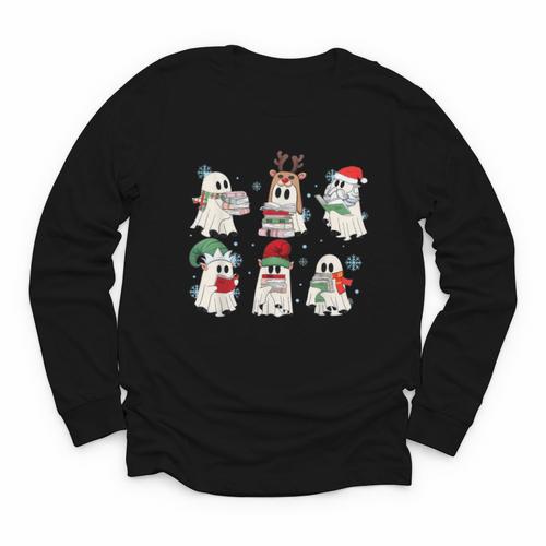 Ghost Santa Elf Squad Read Books Bookish Librarian Christmas Youth Long Sleeve Tee - Bookorys