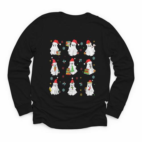Ghosts Wearing Santa Hats Reading Books Christmas Book Lover Youth Long Sleeve Tee - Bookorys