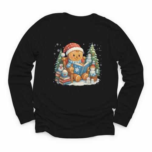 Gingerbread Reading Book Lovers Christmas Bookworm Librarian Youth Long Sleeve Tee - Bookorys CA