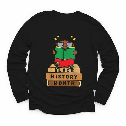 Girl Kid Reading Book Black History Month Bookworm Youth Long Sleeve Tee - Bookorys AU