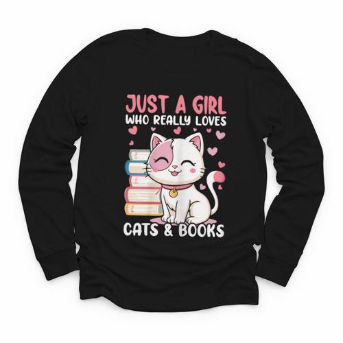 Girl Who Loves Cats And Books Cute Youth Long Sleeve Tee - Bookorys