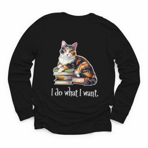 Girls Books I Do What I Want Calico Cat Lover Youth Long Sleeve Tee - Bookorys