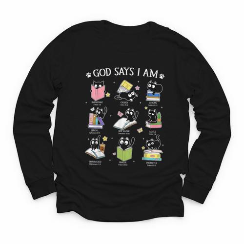God Says I Am Cat Book Lover Christian Cute Jesus Girls Kids Youth Long Sleeve Tee - Bookorys DE