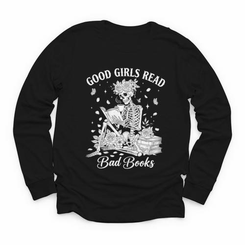 Good Girls Read Bad Books Skeleton Reading Book Halloween Youth Long Sleeve Tee - Bookorys DE