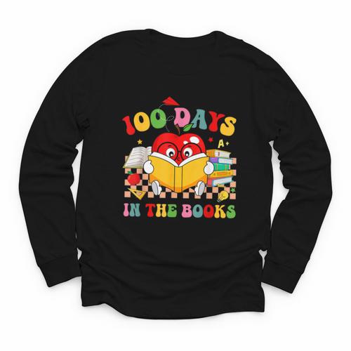 Groovy 100 Days In The Books Reading 100th Day Of School Youth Long Sleeve Tee - Bookorys CA