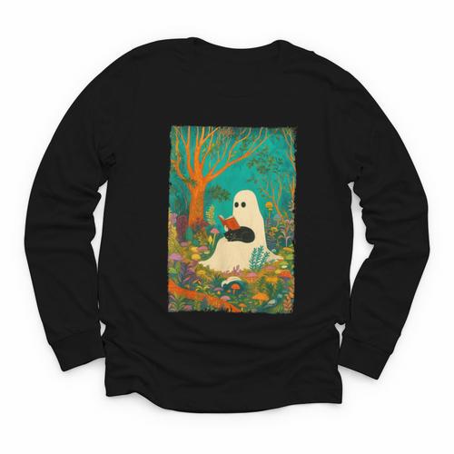 Groovy Ghost Reading Book Cat Halloween Ghost Teacher Youth Long Sleeve Tee - Bookorys DE