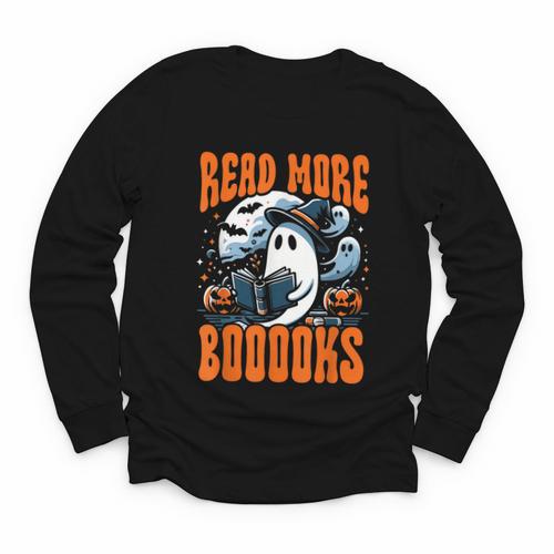 Halloween Book Lover Ghost Boo Pun Read More Boooks Youth Long Sleeve Tee - Bookorys